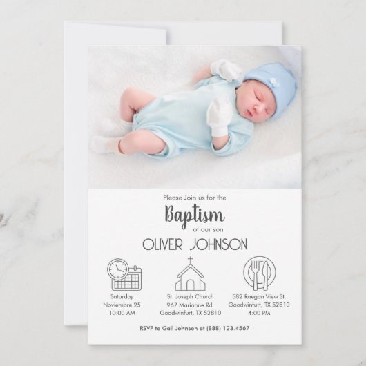 Baby Boy Bautizo Uitnodiging Elegante Moderne Doop (Voorkant)