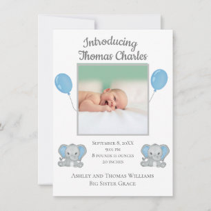 Baby Boy Birth Announcement Blue Elephants ballon