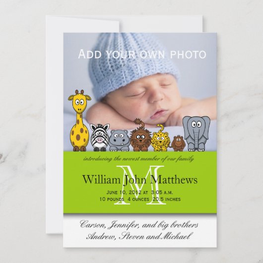 Baby Boy Birth kondigt Oerwoud Dieren Groen aan Aankondiging (Voorkant)