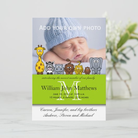 Baby Boy Birth kondigt Oerwoud Dieren Groen aan Aankondiging (Staand voorkant)
