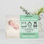 Baby Boy Birth Stats Green Aankondiging (Staand voorkant)