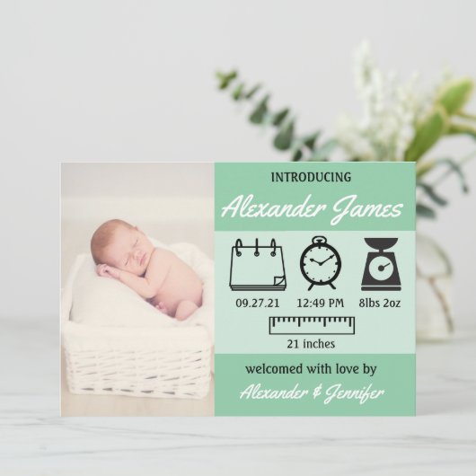 Baby Boy Birth Stats Green Aankondiging (Staand voorkant)