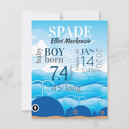 Baby Boy Birth Stats kondiging Blue Whales Kaart (Voorkant)