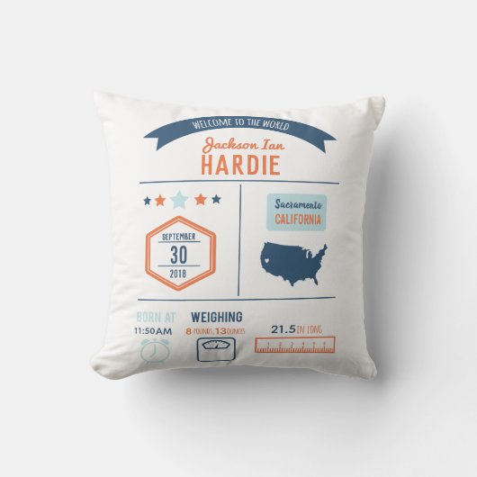 Baby Boy Birth Stats Kussen (Voorkant)