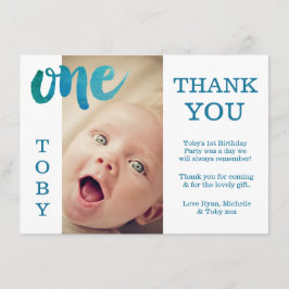 Baby Boy Blauw 1e Verjaardag Dank u Fotokaart Bedankkaart