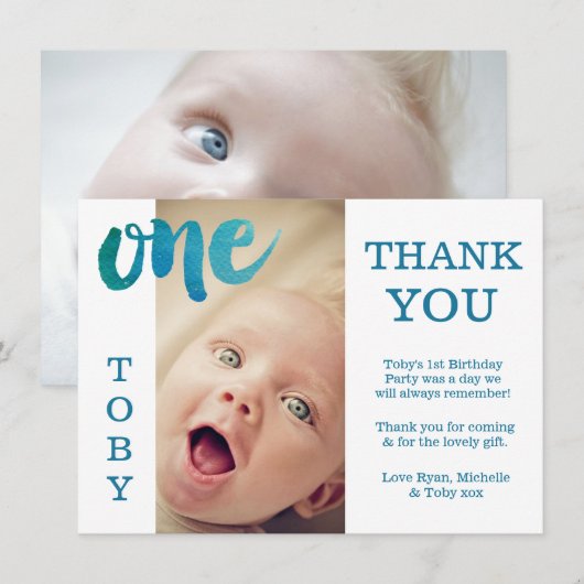Baby Boy Blauw 1e Verjaardag Dank u Fotokaart Bedankkaart (Voorkant / Achterkant)