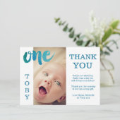 Baby Boy Blauw 1e Verjaardag Dank u Fotokaart Bedankkaart (Staand voorkant)