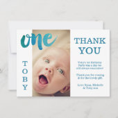 Baby Boy Blauw 1e Verjaardag Dank u Fotokaart Bedankkaart (Voorkant)