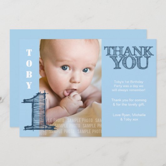 Baby Boy Blauw 1e Verjaardag Dank u Fotokaart Bedankkaart (Voorkant / Achterkant)