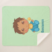 Baby Boy Blauw Jumpsuit Custom Naam Groen Sherpa Deken (Voorkant (horizontaal))