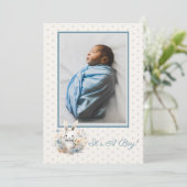 Baby Boy Blauw Konijn en Bloemen Baby Geboorte Aankondiging (Staand voorkant)