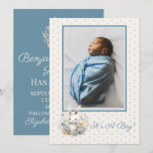 Baby Boy Blauw Konijn en Bloemen Baby Geboorte Aankondiging (Voorkant / Achterkant)