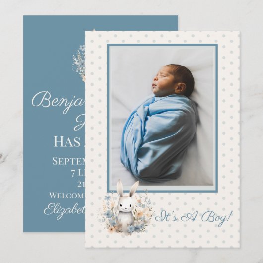 Baby Boy Blauw Konijn en Bloemen Baby Geboorte Aankondiging (Voorkant / Achterkant)