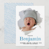 Baby Boy Blauw Manuscript Witte Stripe Birth Aankondiging (Voorkant / Achterkant)