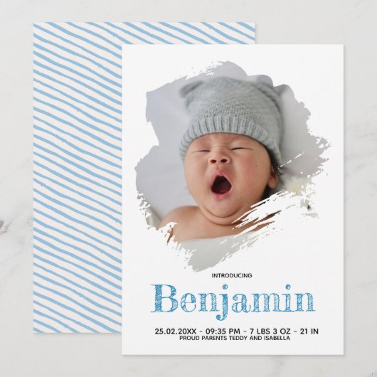 Baby Boy Blauw Manuscript Witte Stripe Birth Aankondiging (Voorkant / Achterkant)