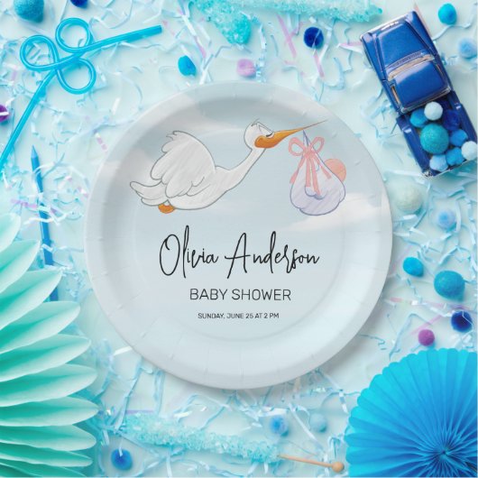 Baby Boy Blauw Ooievaar Boho Baby shower Uitnodigi Papieren Bordje (Feest)