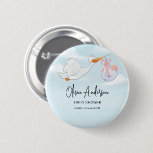 Baby Boy Blauw Ooievaar Boho Baby shower Uitnodigi Ronde Button 5,7 Cm