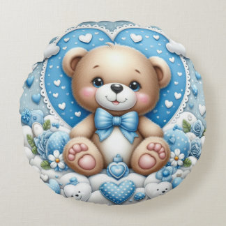 Baby boy blauw teddy rond kussen, kinderkamer deco kussen