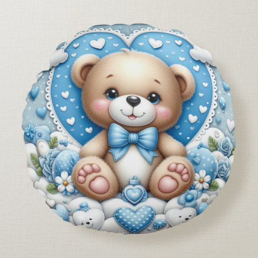 Baby boy blauw teddy rond kussen, kinderkamer deco rond kussen (Voorkant)