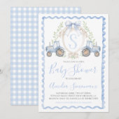 Baby Boy Blauwe Tractor Douche Monogram Crest Kaart (Voorkant / Achterkant)