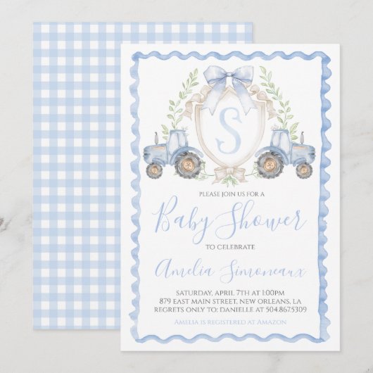 Baby Boy Blauwe Tractor Douche Monogram Crest Kaart (Voorkant / Achterkant)