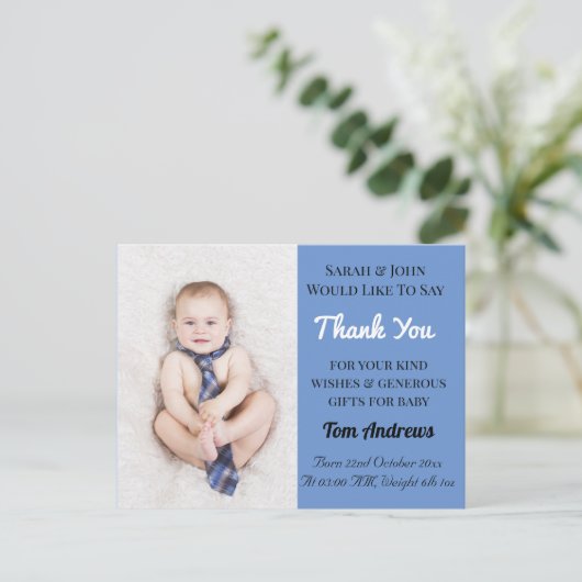 Baby Boy Blue Aankondiging Bedankt Briefkaart (Staand voorkant)