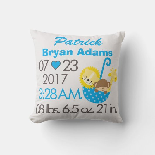 Baby Boy Blue Animal Polka Dot Birth Date Time Kussen (Voorkant)