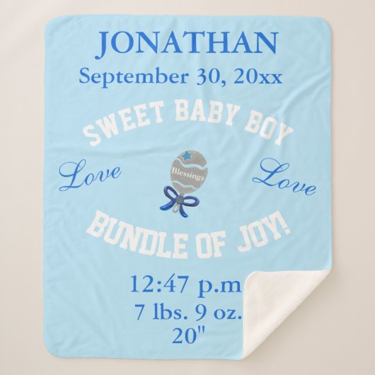 Baby Boy Blue Baby Rattle Upload foto Sherpa Deken (Voorkant)