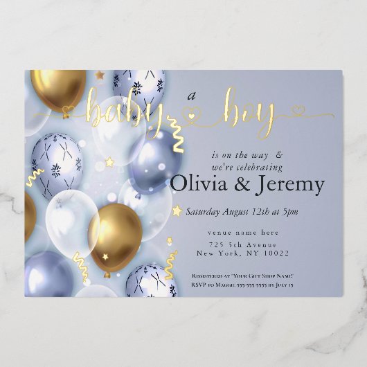 Baby Boy Blue Balloons Baby shower Folie Uitnodiging (Voorkant)