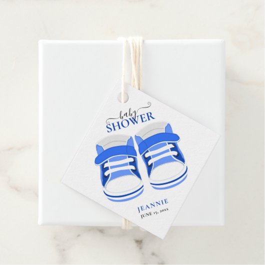 BABY BOY BLUE BOOTIES BABY SHOWER BEDANKJES LABELS (In situ)