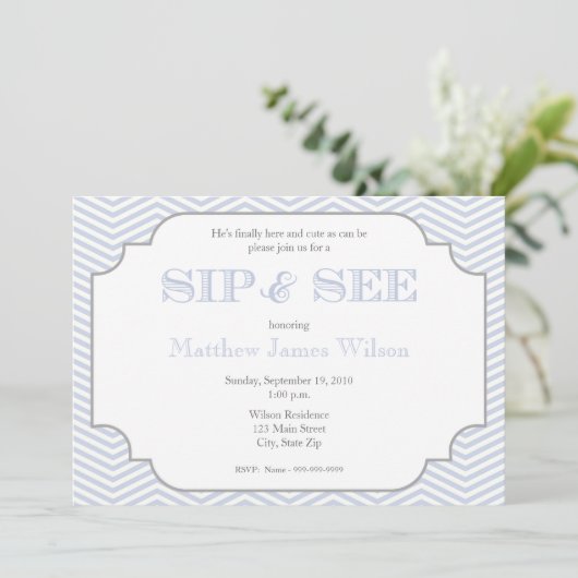 Baby Boy Blue Chevron Sip en zie Uitnodiging (Staand voorkant)