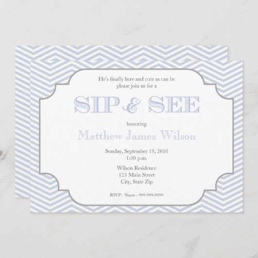 Baby Boy Blue Chevron Sip en zie Uitnodiging (Voorkant / Achterkant)