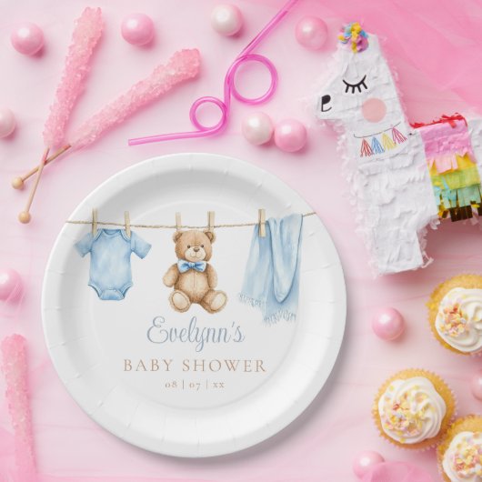 Baby Boy Blue Clothesline Baby shower Papieren Bordje (Feest)