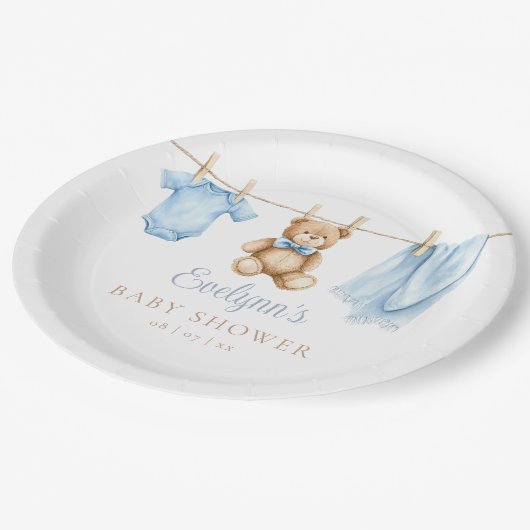 Baby Boy Blue Clothesline Baby shower Papieren Bordje (Gekanteld)