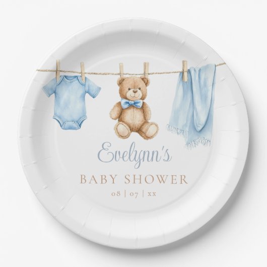 Baby Boy Blue Clothesline Baby shower Papieren Bordje (Voorkant)