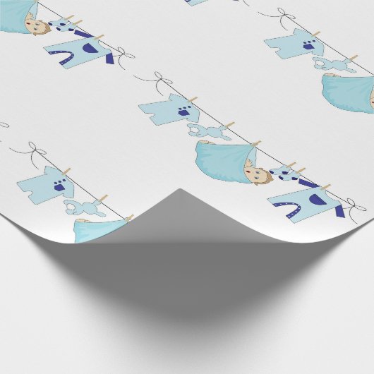 Baby Boy Blue Clothesline Cute Wrapping Paper Cadeaupapier (Hoek)