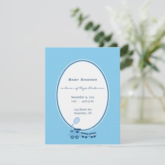 Baby Boy Blue Dot Trein Douche Aankondiging (Staand voorkant)