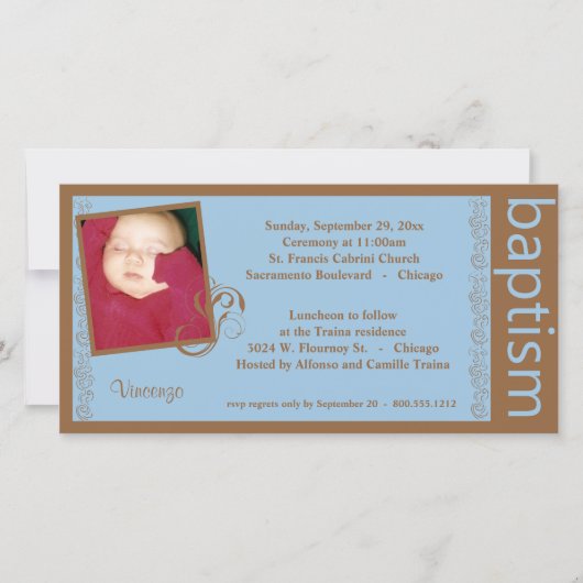 Baby Boy Blue en Brown Baptism Photo Invitation (Voorkant)