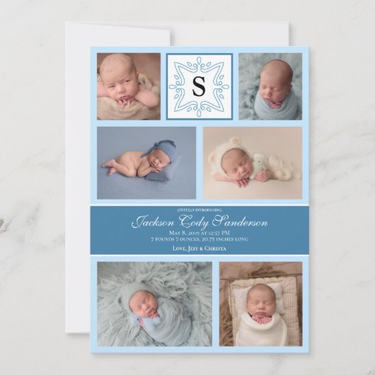 Baby Boy Blue Foto Aankondiging Monogram (Voorkant)
