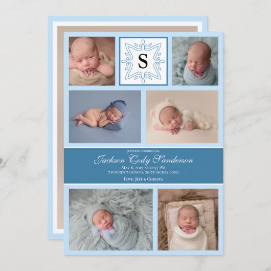 Baby Boy Blue Foto Aankondiging Monogram (Voorkant / Achterkant)
