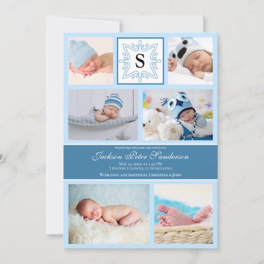 Baby Boy Blue Foto Aankondiging Monogram (Voorkant)
