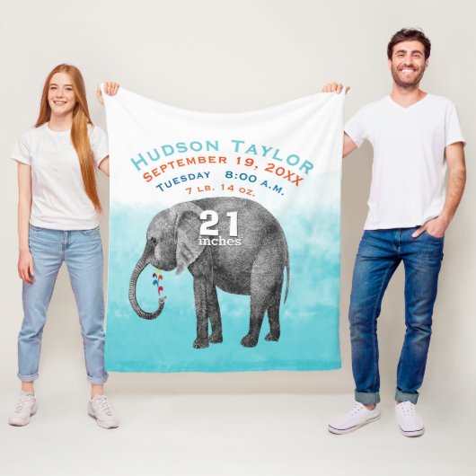 Baby Boy Blue Geboorte Statistieken Olifant Fleece Deken (In situ)