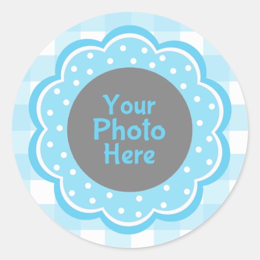 Baby Boy Blue Gingham Foto Ronde Sticker (Voorkant)