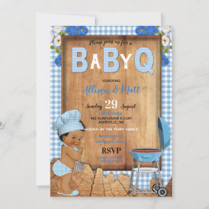 Baby Boy Blue Gingham Hout Bloemen Baby Q Barbecue Kaart