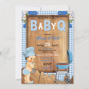 Baby Boy Blue Gingham Hout Bloemen Baby Q Barbecue Kaart