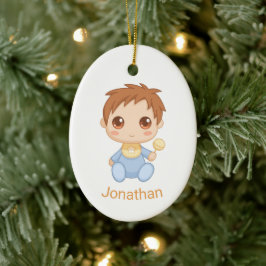 Baby Boy Blue Jumpsuit, aangepaste naam en foto Keramisch Ornament