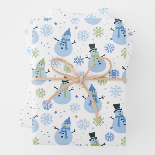Baby Boy Blue Kerstmis Snowmen en Snowflakes Inpakpapier Vel (In situ)