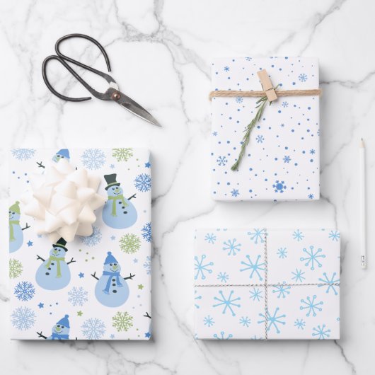 Baby Boy Blue Kerstmis Snowmen en Snowflakes Inpakpapier Vel (Voorkant)