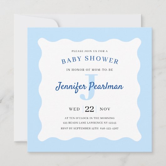 Baby Boy Blue Monogram Shower Uitnodiging (Voorkant)