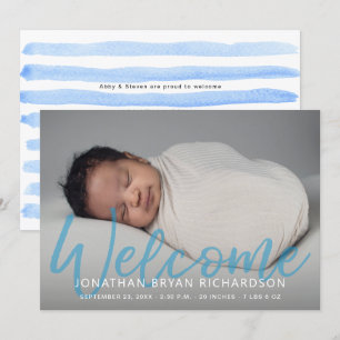 Baby Boy Blue One Foto Welkom geboorteaankondiging Kaart